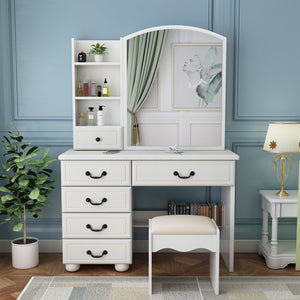 English Elm Fashion Vanity Desk LED Mirror with 3-Color Dimmable Lights, Large Mirror, 6 Drawers & Shelves, White W509120067