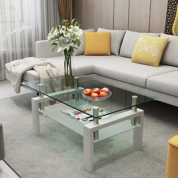 English Elm Rectangle Two Tier Tempered Glass Coffee Table Modern Iron Frame Living Room Accent White W241P367358