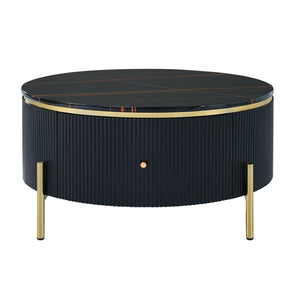 English Elm Modern Marble Pattern Round Coffee Table with Gold Legs and Two Storage Drawers WF311606AAB