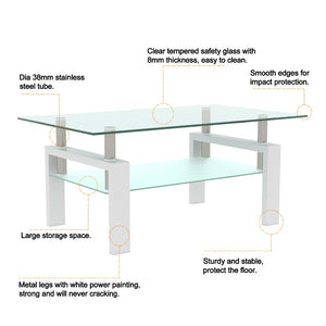 English Elm Rectangle Two Tier Tempered Glass Coffee Table Modern Iron Frame Living Room Accent White W241P367358