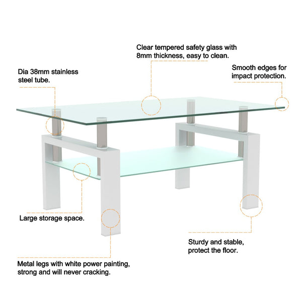 English Elm Rectangle Two Tier Tempered Glass Coffee Table Modern Iron Frame Living Room Accent White W241P367358