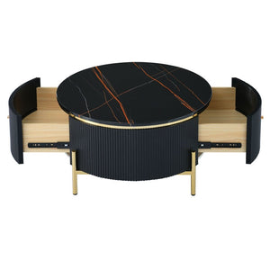 English Elm Modern Marble Pattern Round Coffee Table with Gold Legs and Two Storage Drawers WF311606AAB