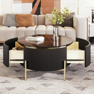 English Elm Modern Marble Pattern Round Coffee Table with Gold Legs and Two Storage Drawers WF311606AAB