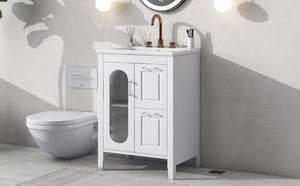 English Elm 24" Bathroom Vanity with Sink Solid Wood & Ceramic Top, Modern Freestanding Cabinet with Drawers White N725P351849K