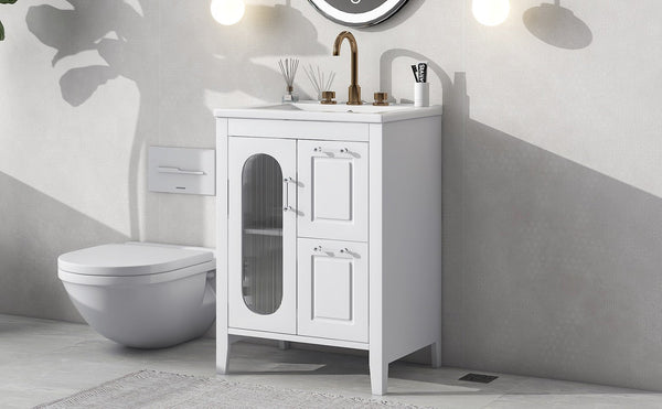 English Elm 24" Bathroom Vanity with Sink Solid Wood & Ceramic Top, Modern Freestanding Cabinet with Drawers White N725P351849K