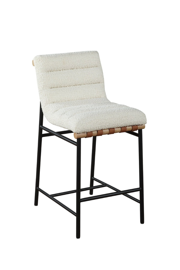 English Elm Lahni Boucle Upholstered Counter Stool with Leather Strap Detail and Iron Legs White B061128598