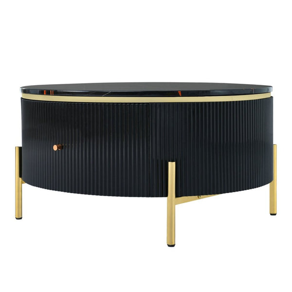 English Elm Modern Marble Pattern Round Coffee Table with Gold Legs and Two Storage Drawers WF311606AAB