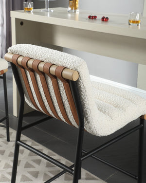 English Elm Lahni Boucle Upholstered Counter Stool with Leather Strap Detail and Iron Legs White B061128598