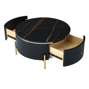 English Elm Modern Marble Pattern Round Coffee Table with Gold Legs and Two Storage Drawers WF311606AAB