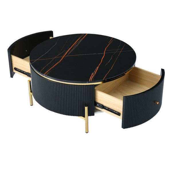 English Elm Modern Marble Pattern Round Coffee Table with Gold Legs and Two Storage Drawers WF311606AAB