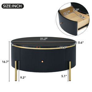 English Elm Modern Marble Pattern Round Coffee Table with Gold Legs and Two Storage Drawers WF311606AAB