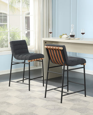 English Elm Lahni Boucle Upholstered Counter Stool with Leather Strap Detail and Iron Legs Dark Gray B061128596