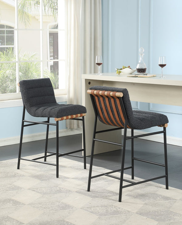 English Elm Lahni Boucle Upholstered Counter Stool with Leather Strap Detail and Iron Legs Dark Gray B061128596