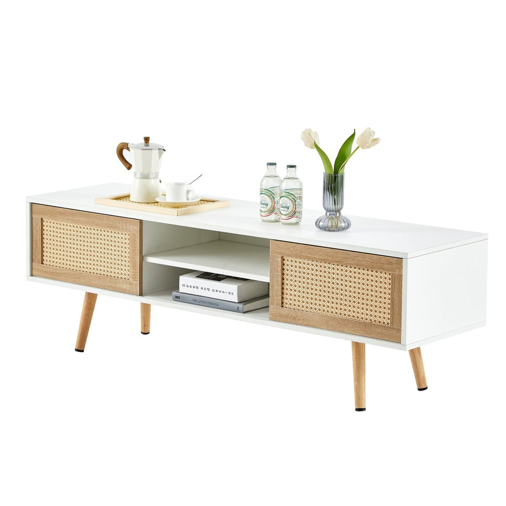 English Elm 55.12" Rattan Sliding Door Tv Console with Solid Wood Legs and Adjustable Shelf W1265115783
