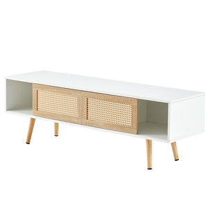 English Elm 55.12" Rattan Sliding Door Tv Console with Solid Wood Legs and Adjustable Shelf W1265115783