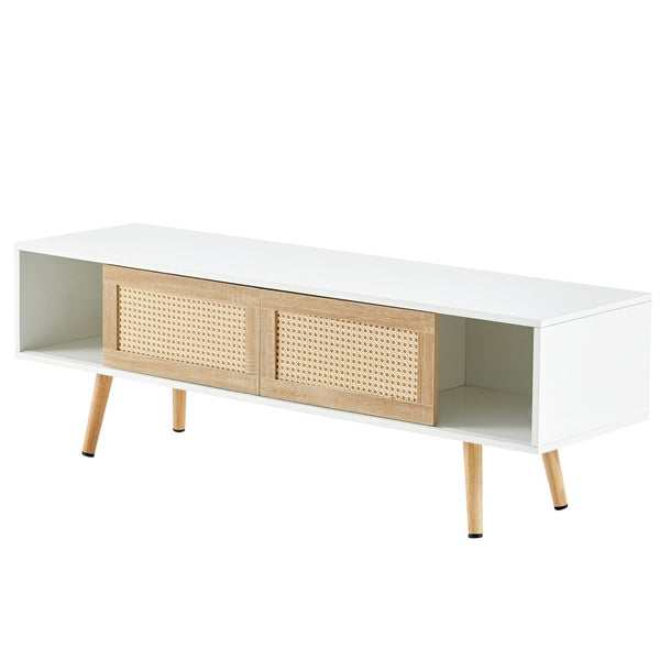 English Elm 55.12" Rattan Sliding Door Tv Console with Solid Wood Legs and Adjustable Shelf W1265115783