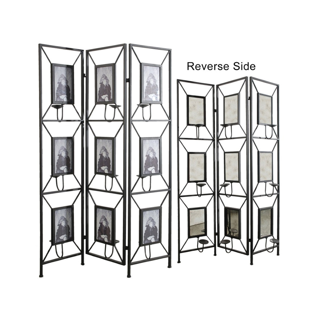 English Elm 47x71" Three Panel Room Divider with Photo Gallery Antique Mirror and Candlestick Holders W2078127789
