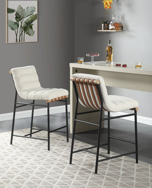 English Elm Lahni Boucle Upholstered Counter Stool with Leather Strap Detail and Iron Legs White B061128598