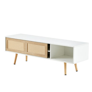 English Elm 55.12" Rattan Sliding Door Tv Console with Solid Wood Legs and Adjustable Shelf W1265115783