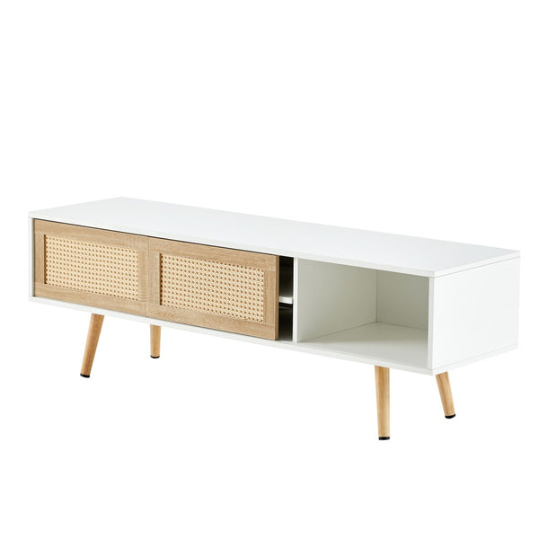 English Elm 55.12" Rattan Sliding Door Tv Console with Solid Wood Legs and Adjustable Shelf W1265115783