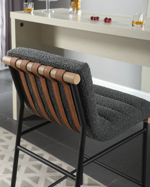 English Elm Lahni Boucle Upholstered Counter Stool with Leather Strap Detail and Iron Legs Dark Gray B061128596