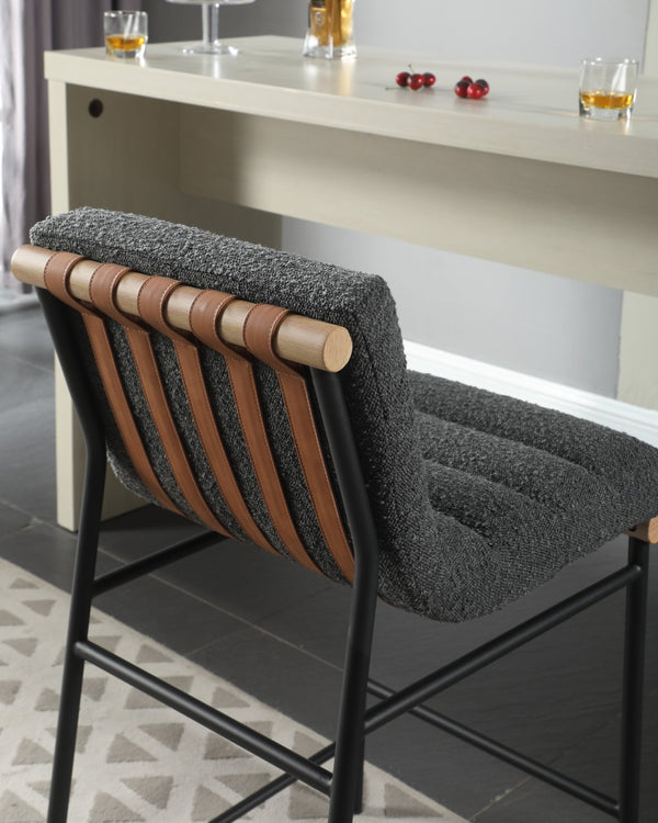 English Elm Lahni Boucle Upholstered Counter Stool with Leather Strap Detail and Iron Legs Dark Gray B061128596