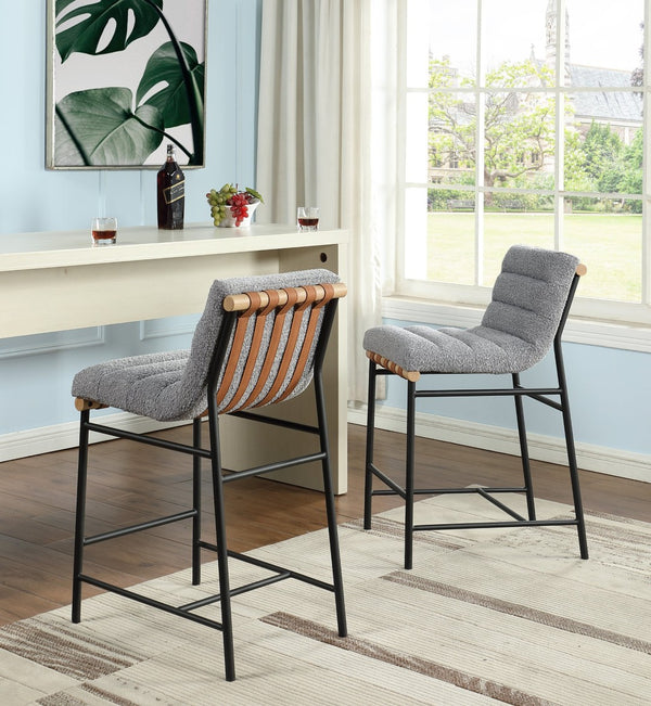 English Elm Lahni Boucle Upholstered Counter Stool with Leather Strap Detail and Iron Legs Gray B061128597