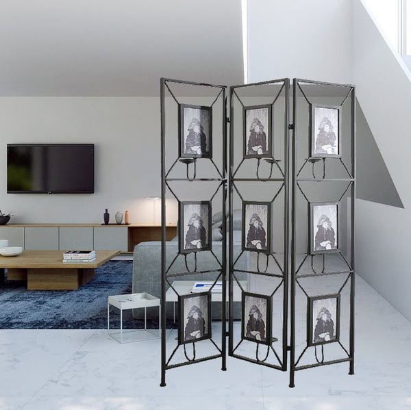 English Elm 47x71" Three Panel Room Divider with Photo Gallery Antique Mirror and Candlestick Holders W2078127789
