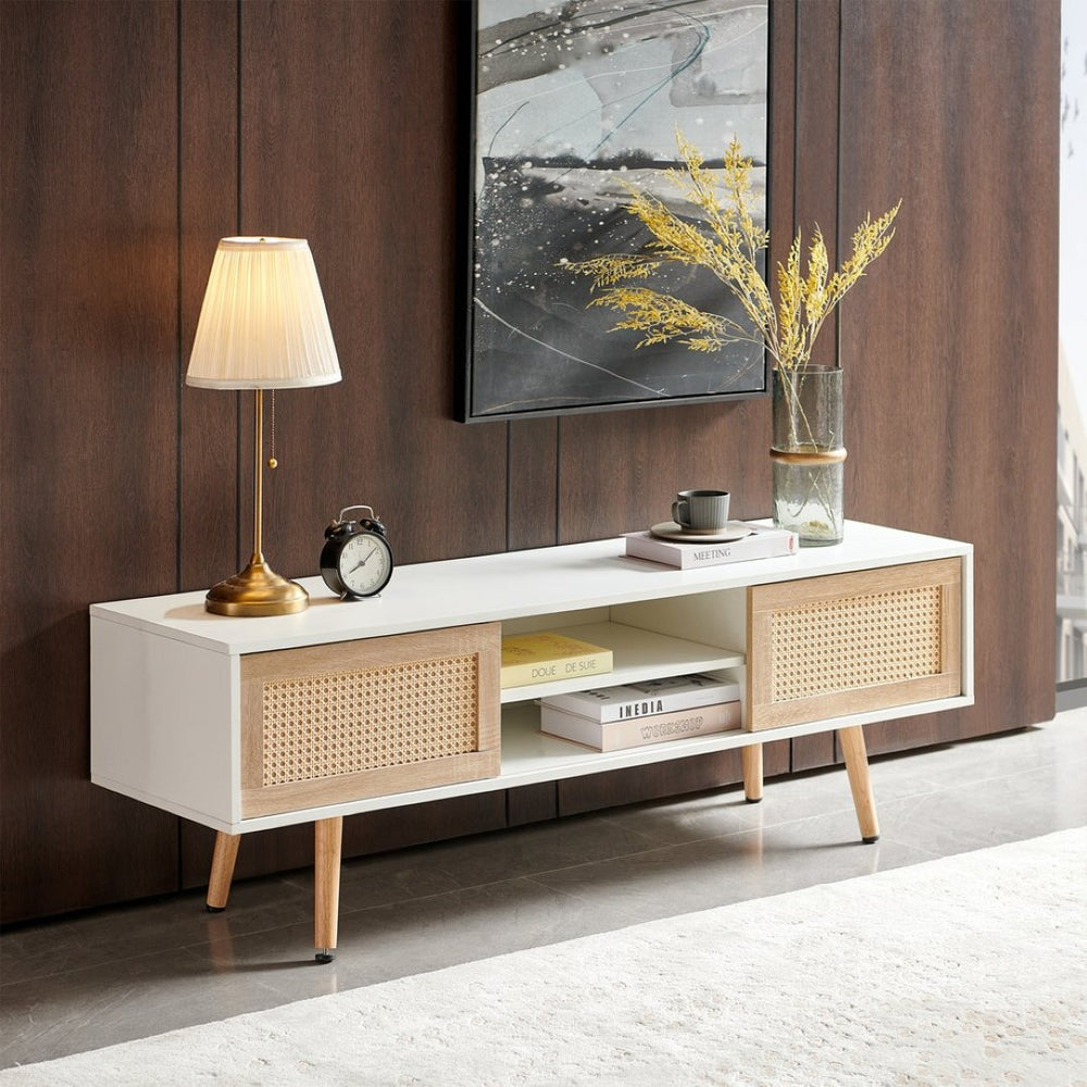 English Elm 55.12" Rattan Sliding Door Tv Console with Solid Wood Legs and Adjustable Shelf W1265115783