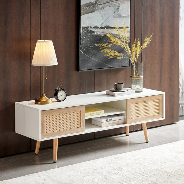English Elm 55.12" Rattan Sliding Door Tv Console with Solid Wood Legs and Adjustable Shelf W1265115783