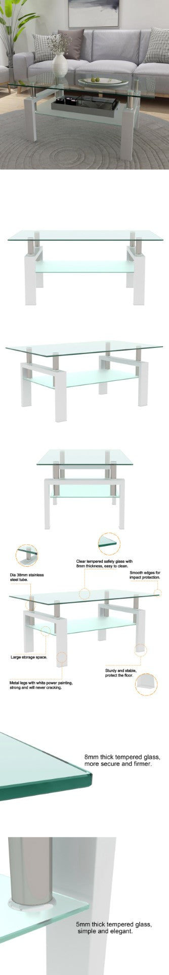 English Elm Rectangle Two Tier Tempered Glass Coffee Table Modern Iron Frame Living Room Accent White W241P367358