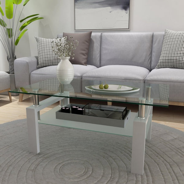 English Elm Rectangle Two Tier Tempered Glass Coffee Table Modern Iron Frame Living Room Accent White W241P367358