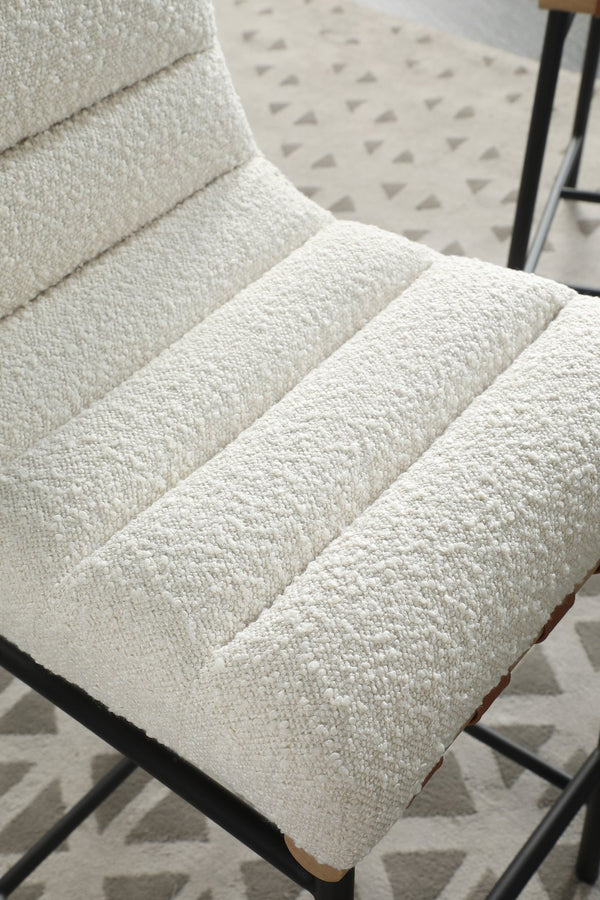English Elm Lahni Boucle Upholstered Counter Stool with Leather Strap Detail and Iron Legs White B061128598