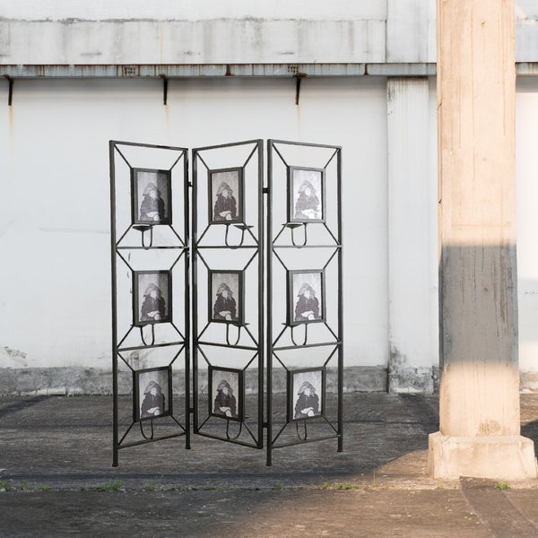 English Elm 47x71" Three Panel Room Divider with Photo Gallery Antique Mirror and Candlestick Holders W2078127789