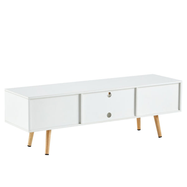 English Elm 55.12" Rattan Sliding Door Tv Console with Solid Wood Legs and Adjustable Shelf W1265115783