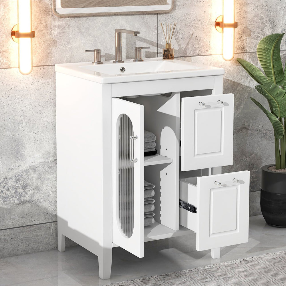 English Elm 24" Modern Bathroom Vanity with Ceramic Sink, Solid Wood & MDF Cabinet, Two Drawers, Shelf White N725P245273K