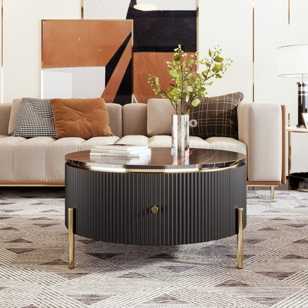 English Elm Modern Marble Pattern Round Coffee Table with Gold Legs and Two Storage Drawers WF311606AAB