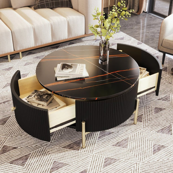 English Elm Modern Marble Pattern Round Coffee Table with Gold Legs and Two Storage Drawers WF311606AAB