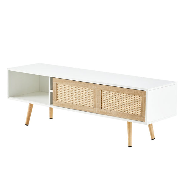 English Elm 55.12" Rattan Sliding Door Tv Console with Solid Wood Legs and Adjustable Shelf W1265115783