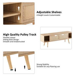 English Elm 55.12" Rattan Sliding Door Tv Console with Solid Wood Legs Natural Bohemian Storage W126573117