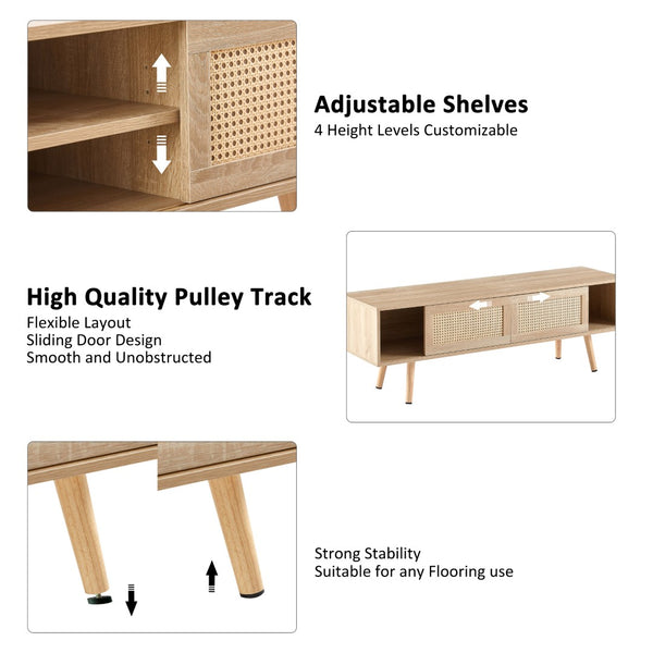 English Elm 55.12" Rattan Sliding Door Tv Console with Solid Wood Legs Natural Bohemian Storage W126573117