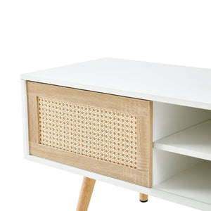 English Elm 55.12" Rattan Sliding Door Tv Console with Solid Wood Legs and Adjustable Shelf W1265115783