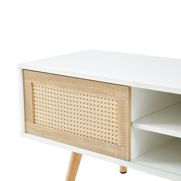 English Elm 55.12" Rattan Sliding Door Tv Console with Solid Wood Legs and Adjustable Shelf W1265115783