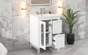 English Elm 24" Bathroom Vanity with Sink Solid Wood & Ceramic Top, Modern Freestanding Cabinet with Drawers White N725P351849K