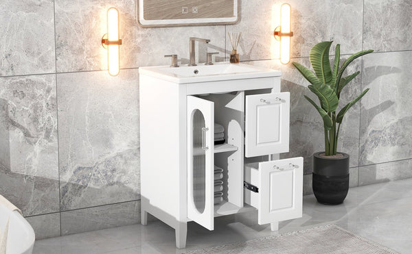 English Elm 24" Modern Bathroom Vanity with Ceramic Sink, Solid Wood & MDF Cabinet, Two Drawers, Shelf White N725P245273K