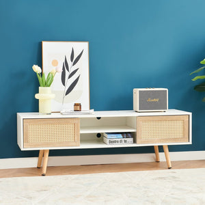 English Elm 55.12" Rattan Sliding Door Tv Console with Solid Wood Legs and Adjustable Shelf W1265115783