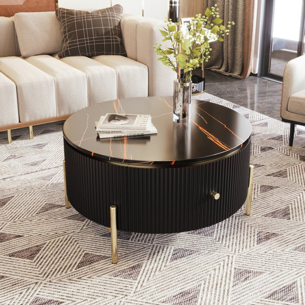 English Elm Modern Marble Pattern Round Coffee Table with Gold Legs and Two Storage Drawers WF311606AAB