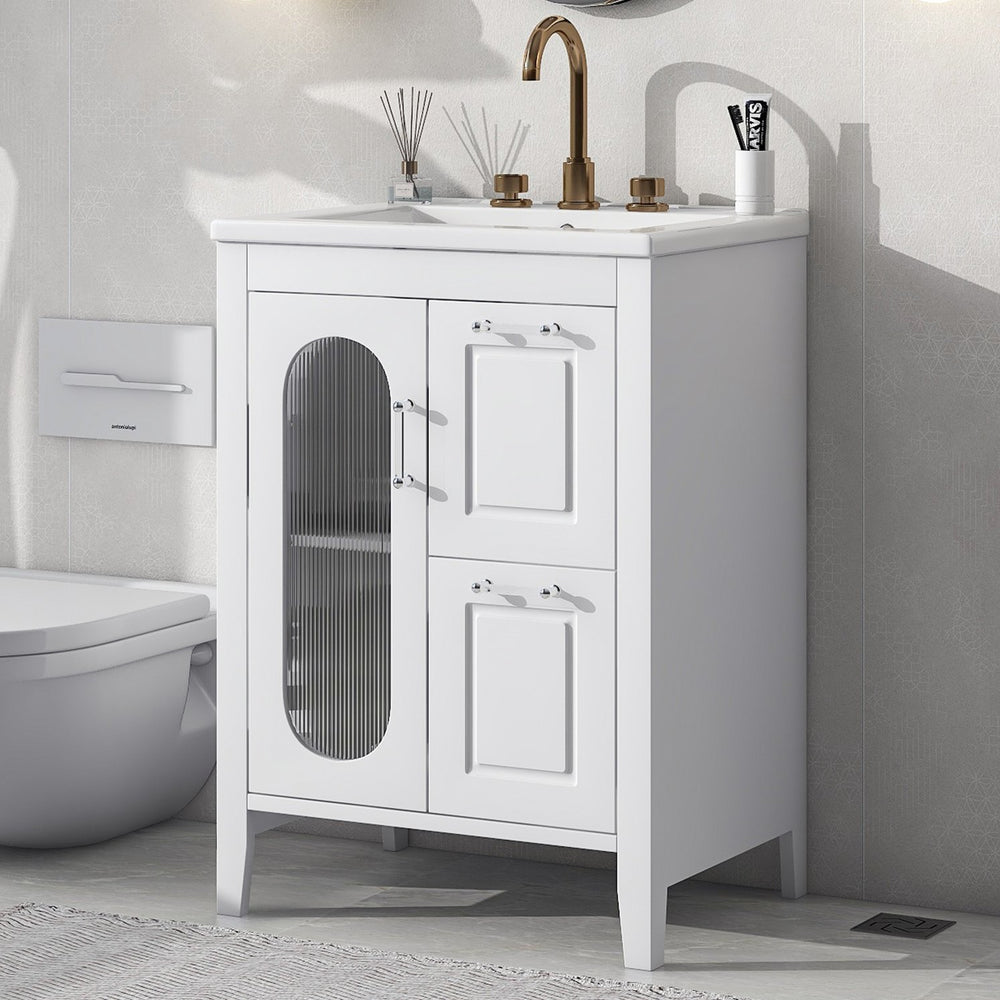 English Elm 24" Modern Bathroom Vanity with Ceramic Sink, Solid Wood & MDF Cabinet, Two Drawers, Shelf White N725P245273K