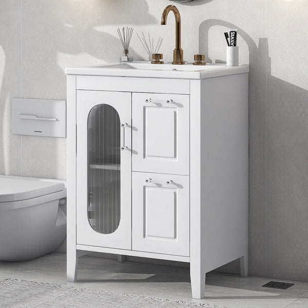 English Elm 24" Modern Bathroom Vanity with Ceramic Sink, Solid Wood & MDF Cabinet, Two Drawers, Shelf White N725P245273K