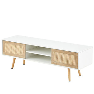 English Elm 55.12" Rattan Sliding Door Tv Console with Solid Wood Legs and Adjustable Shelf W1265115783